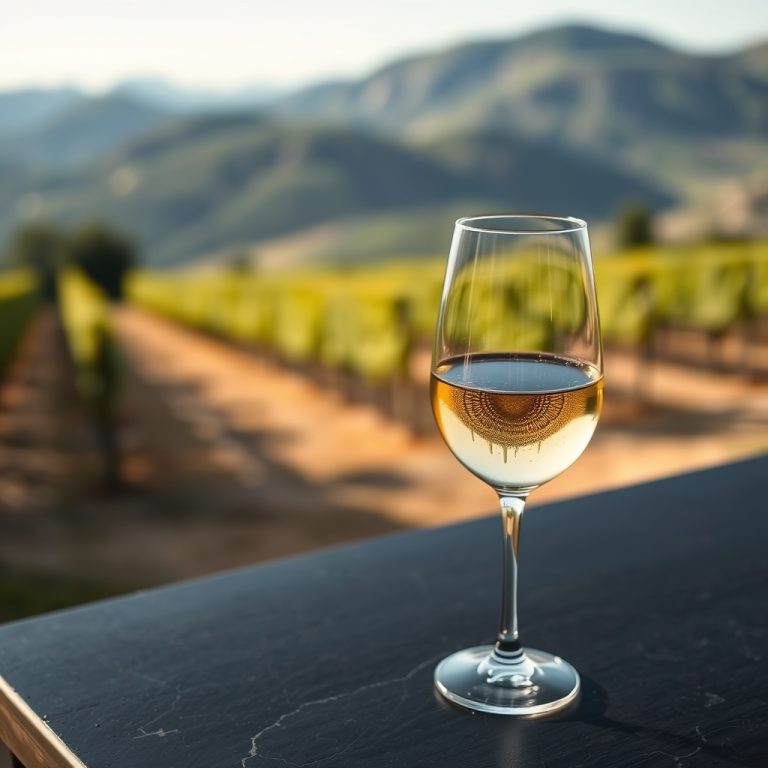 Copa de vino blanco Godello sobre mesa de pizarra con viñedo de montaña al fondo