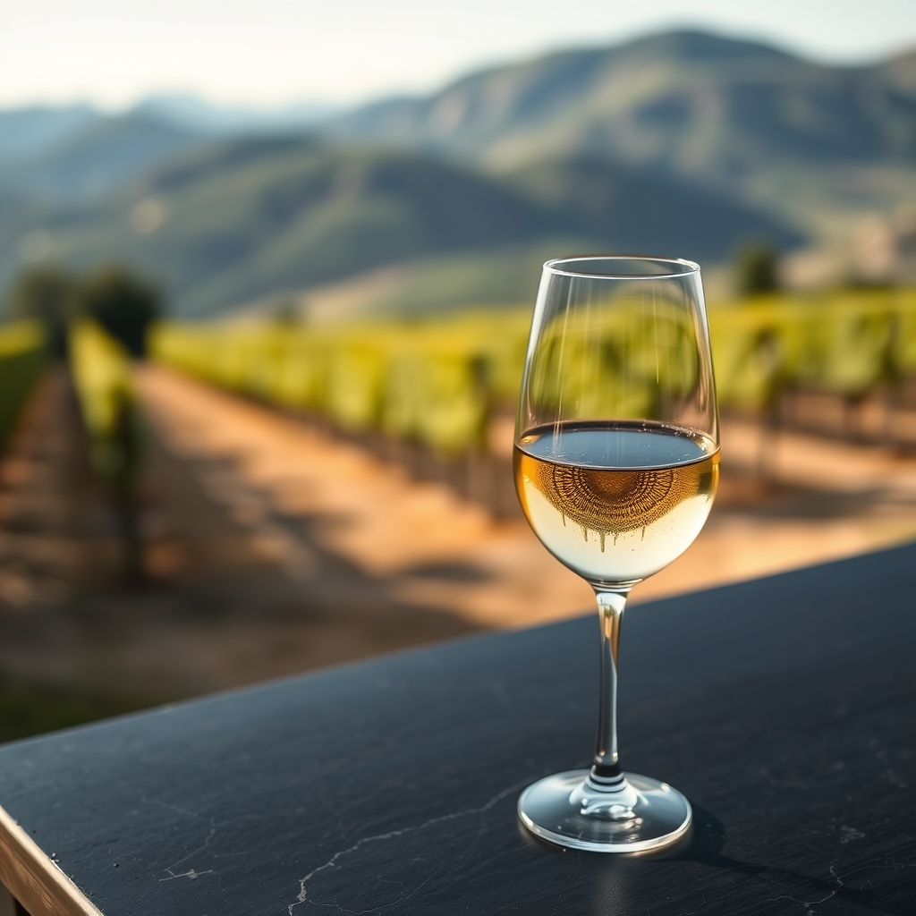 Copa de vino blanco Godello sobre mesa de pizarra con viñedo de montaña al fondo