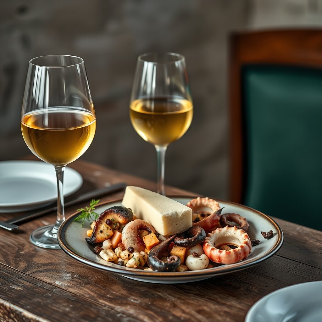 Godello con marisco y queso gallego