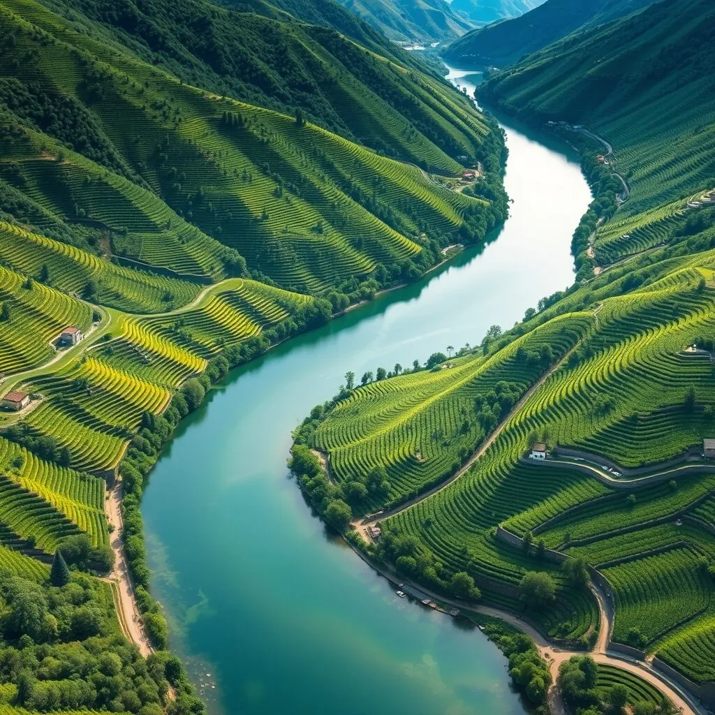 El río Sil serpenteando entre laderas de viñedos en la comarca de Valdeorras, Ourense